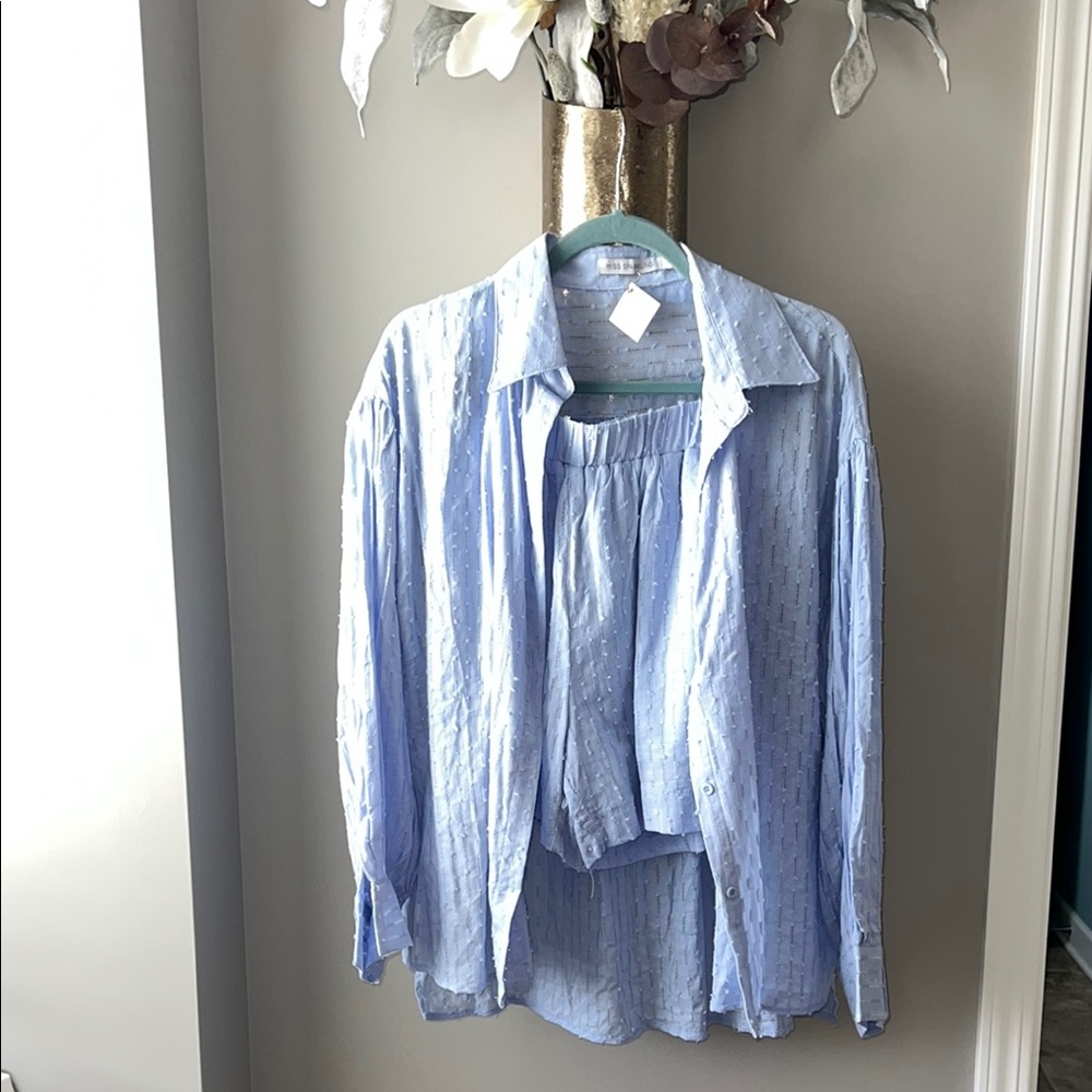 Chic Light Blue Blouse and Short Set